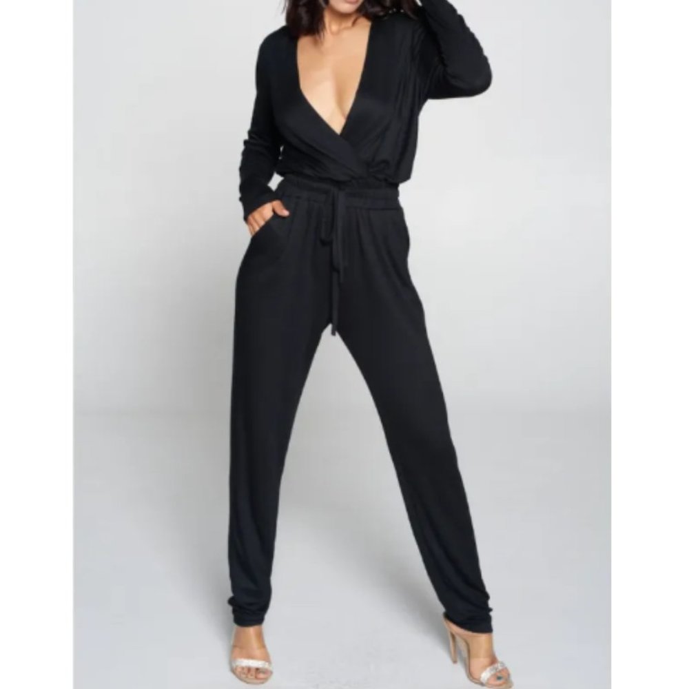 NWT Black Surplice V-Neck Long Sleeve Mamacita Jumpsuit